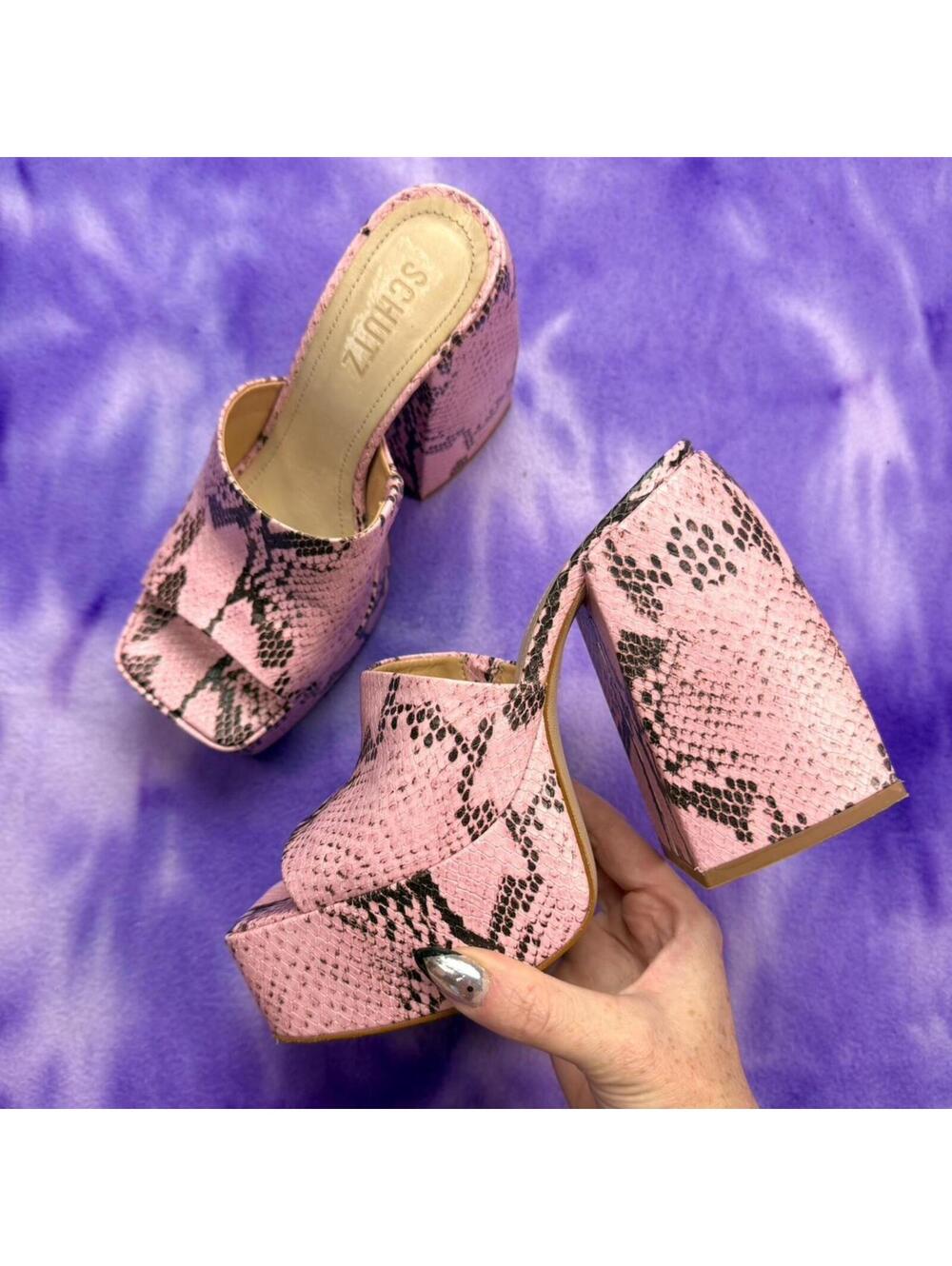 Schutz Aretha pink snakeskin print chunky platform sandals